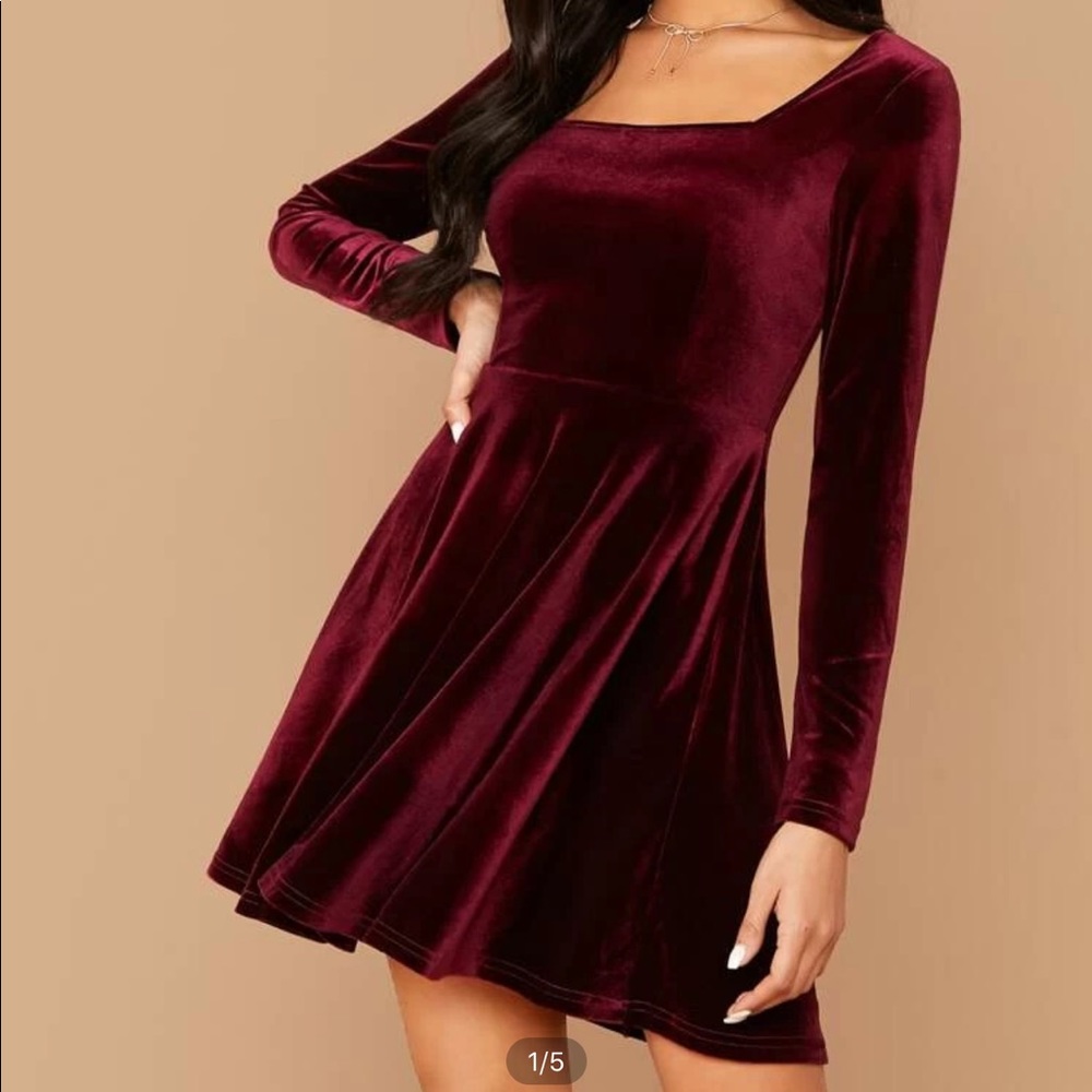 Burgundy velvet long sleeve skater mini dress